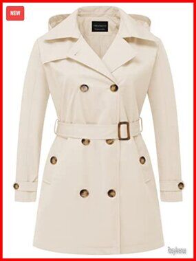 Plus Size Trench Coat Double-Breasted Belted Detachable Hood